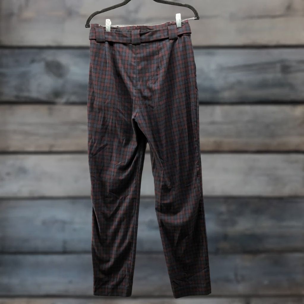 Express Express Dress Pants Womens 8 Tall Plaid Burgundy Navy Tie Waist High Rise Ankle Trimmed Pockets Belted Workwear Pants Size 30" / US 8 / IT 44 - 1 Thumbnail