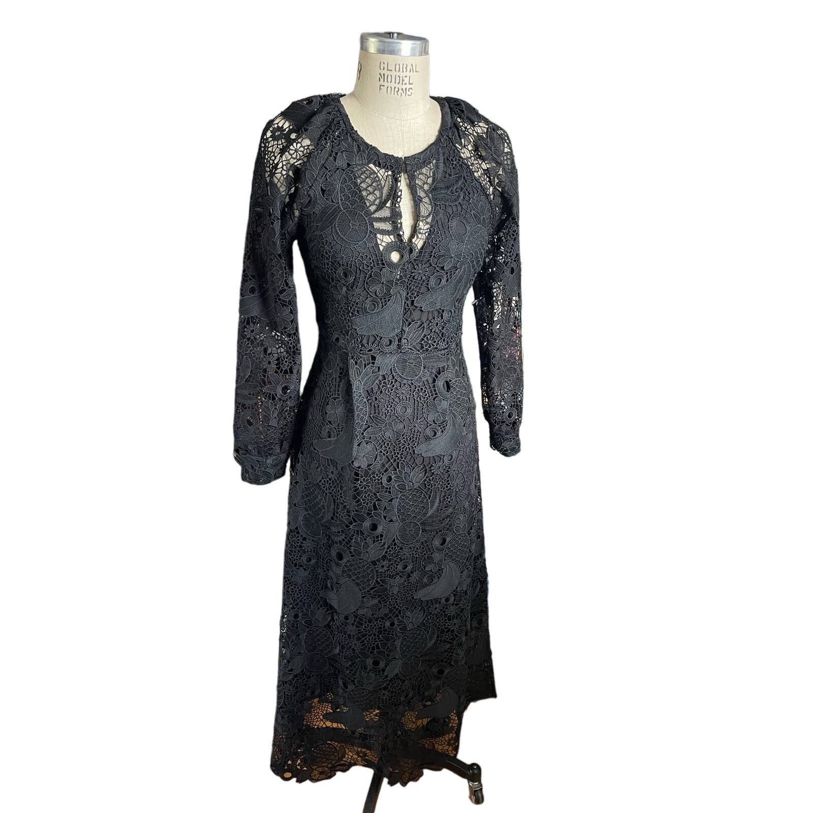 image of Antik Batik Black Lace Fruit Midi Dress Cocktail Party, Women's (Size Medium)