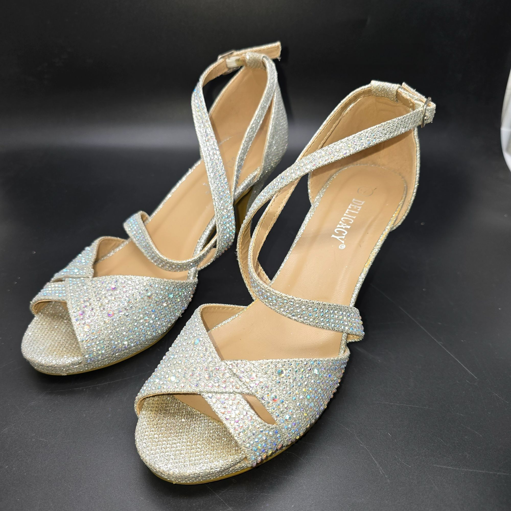 Other Womens Heels Silver Glitter Rhinestone Strappy Open Toe Deli Size US 7 / IT 37 - 5 Thumbnail