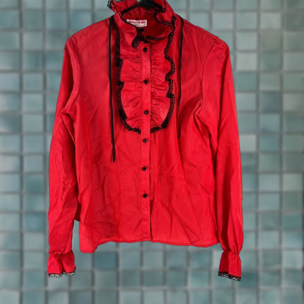 Vintage Queen of Hearts Shirt Size M Red Striped Lace Casual Long Sleeve Womens Size M / US 6-8 / IT 42-44 - 1 Thumbnail
