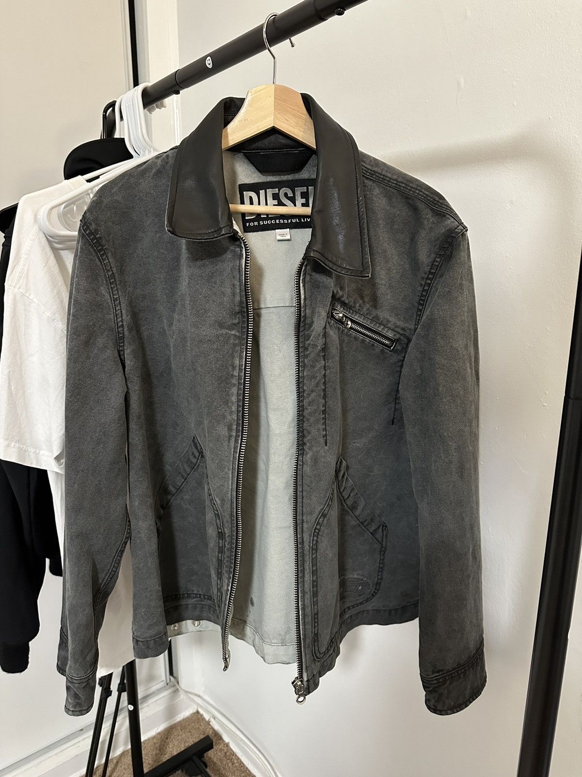 image of Diesel Treated Canvas Jacket With Leather Collar in Grey, Men's (Size Large)
