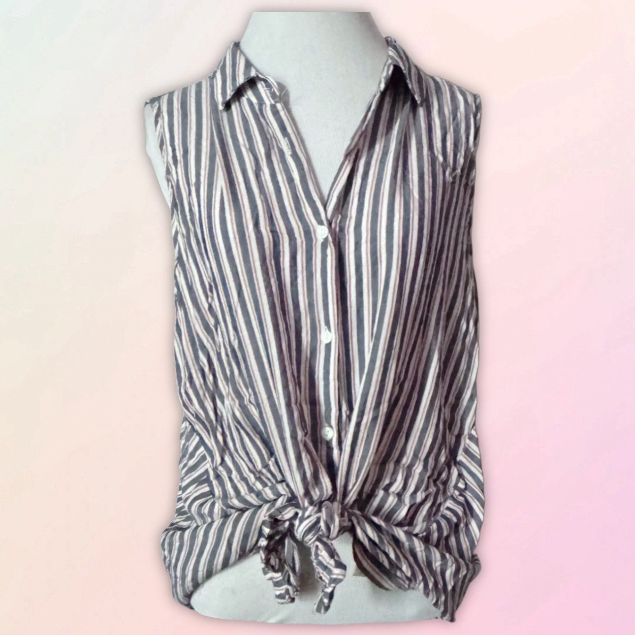 Vintage Retro, Asymmetrical, Striped, Button Down, Sleeveless Tunic Size L / US 10 / IT 46 - 1 Thumbnail