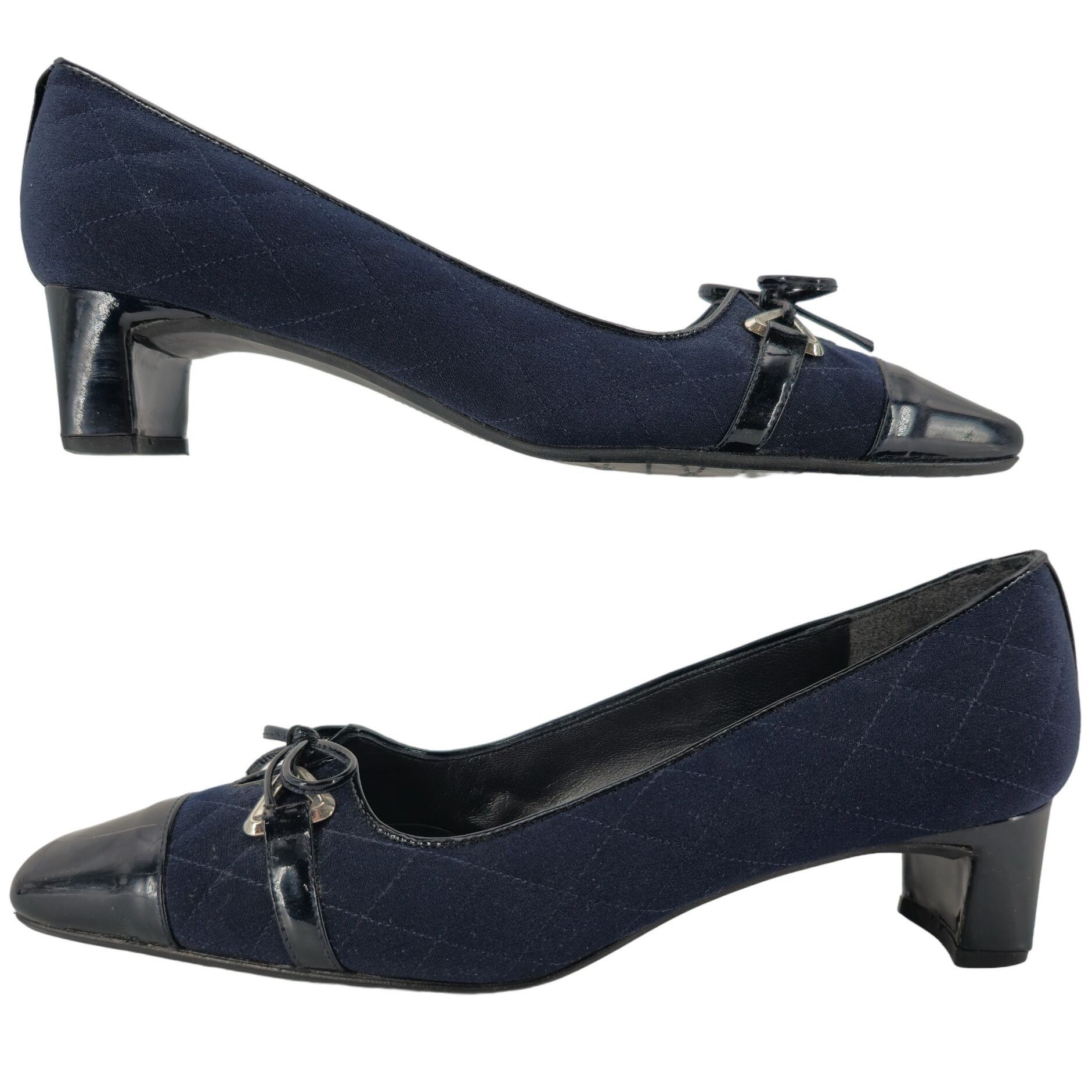 Stuart Weitzman Stuart Weitzman 8.5AAAA Navy Crepe Black Leather Dress Heels Size US 8.5 / IT 38.5 - 3 Thumbnail