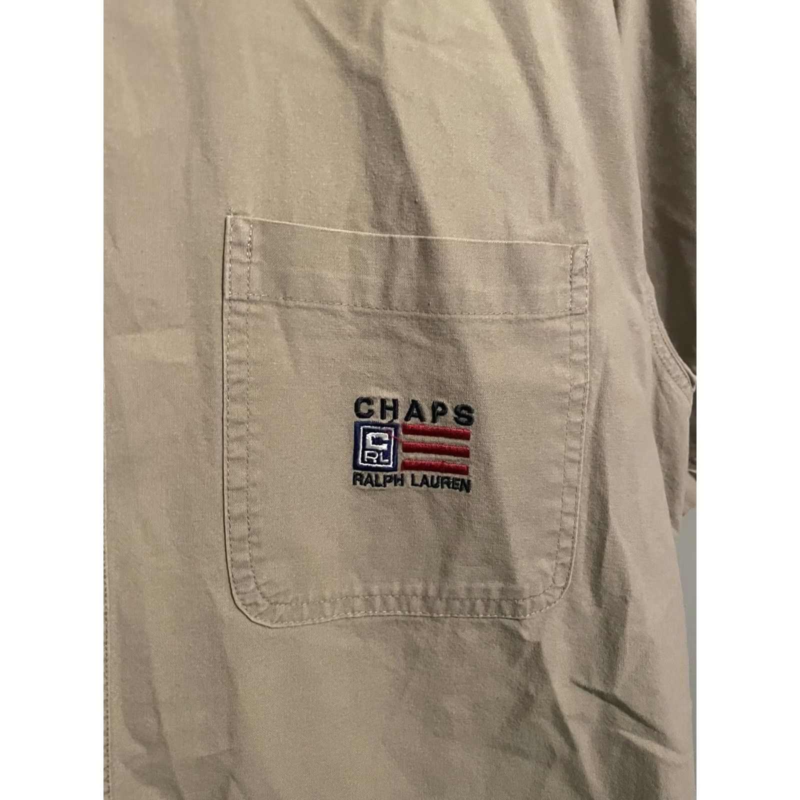Chaps VINTAGE Chaps Ralph Lauren Shirt Men M Beige Short Sleeve 90 Flag Logo Button-Up Collared Silk? (Note: "Silk" not in original; cannot add) Size US M / EU 48-50 / 2 - 4 Thumbnail