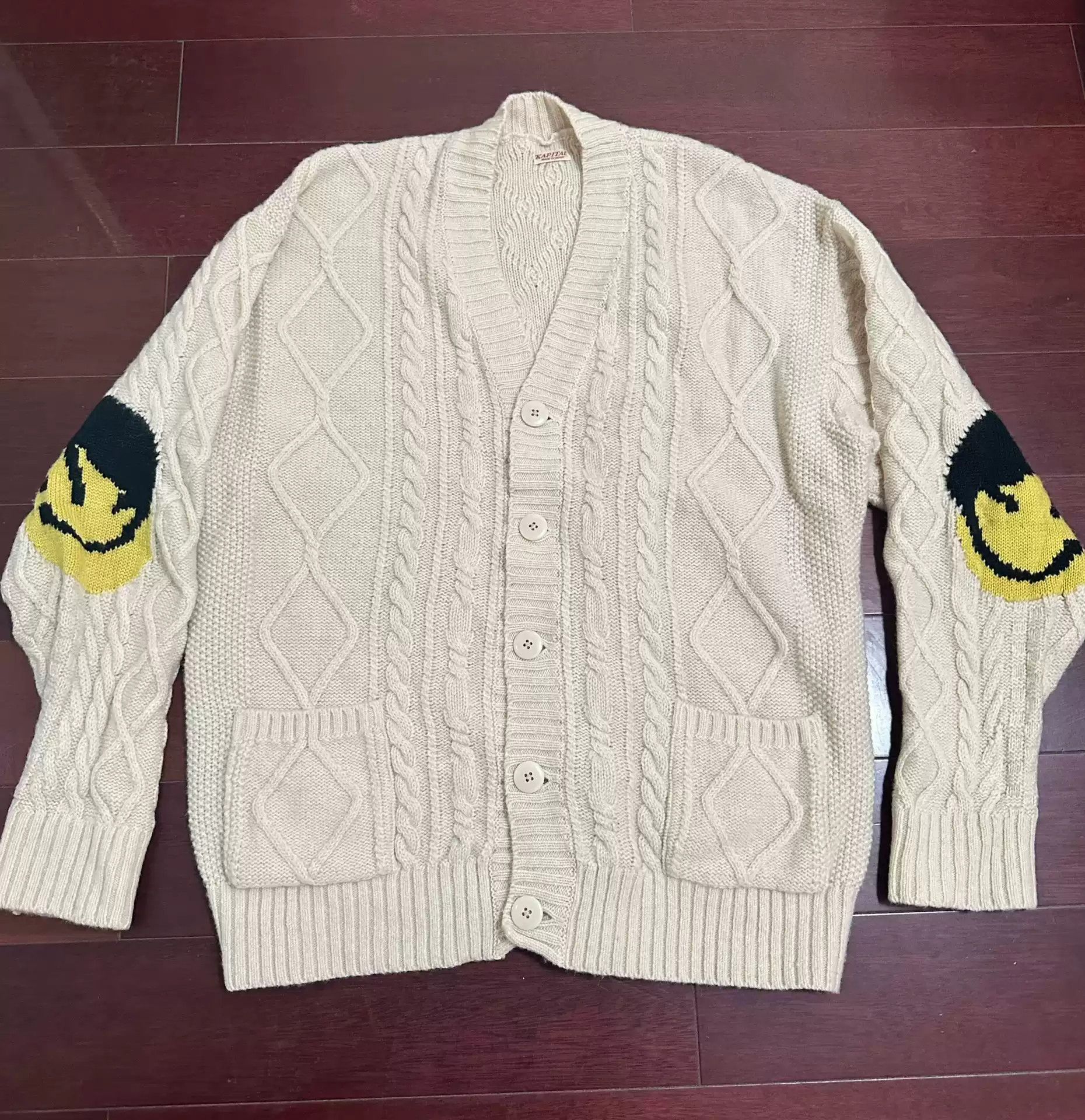 image of Kapital Hirata Hiroshi Cardigan Smiling Sweater in White, Men's (Size Large)