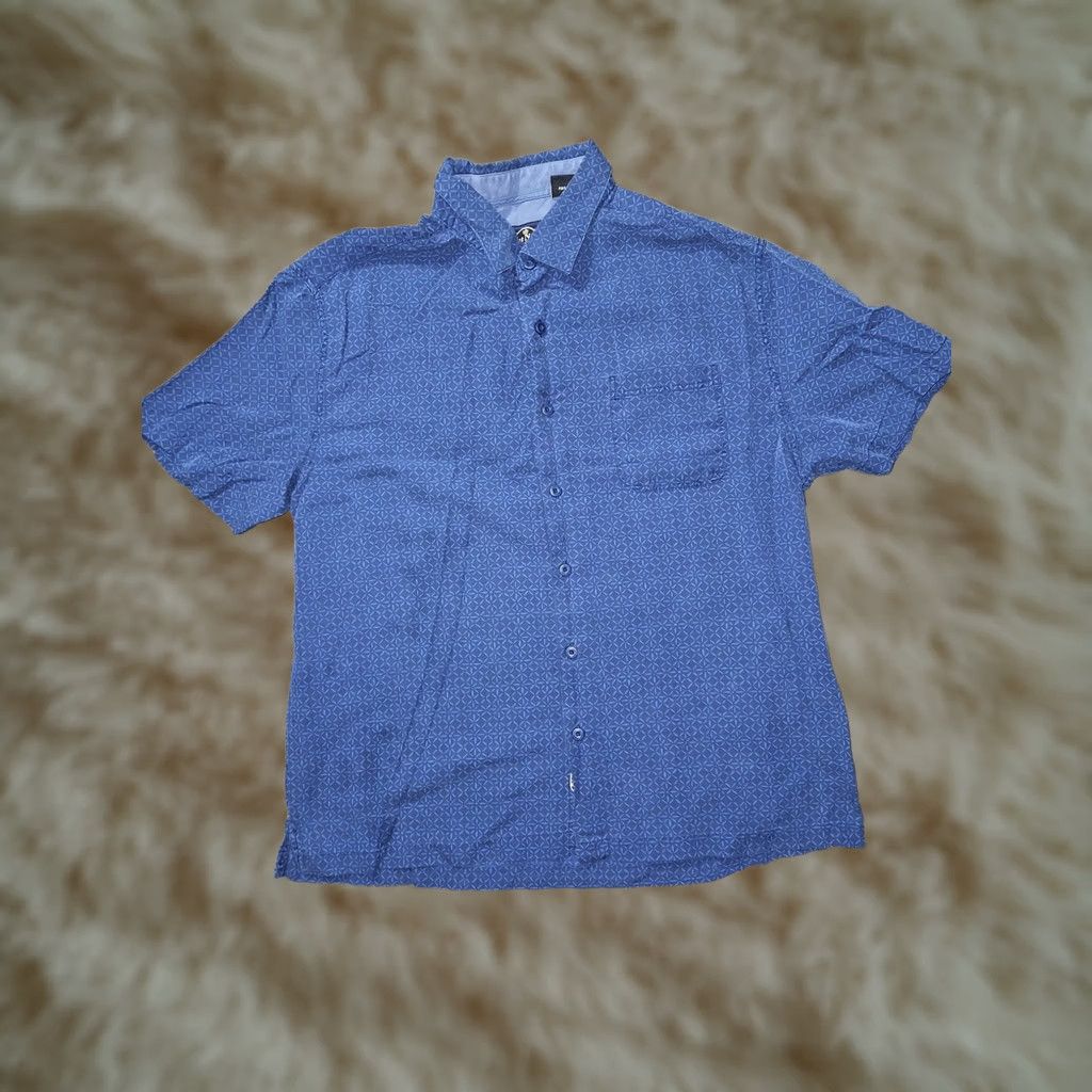 Nat Nast Nat Nast Shirt Mens Large Blue Silk Cotton Geometric Short Sleeve Button Casual Size US L / EU 52-54 / 3 - 1 Thumbnail