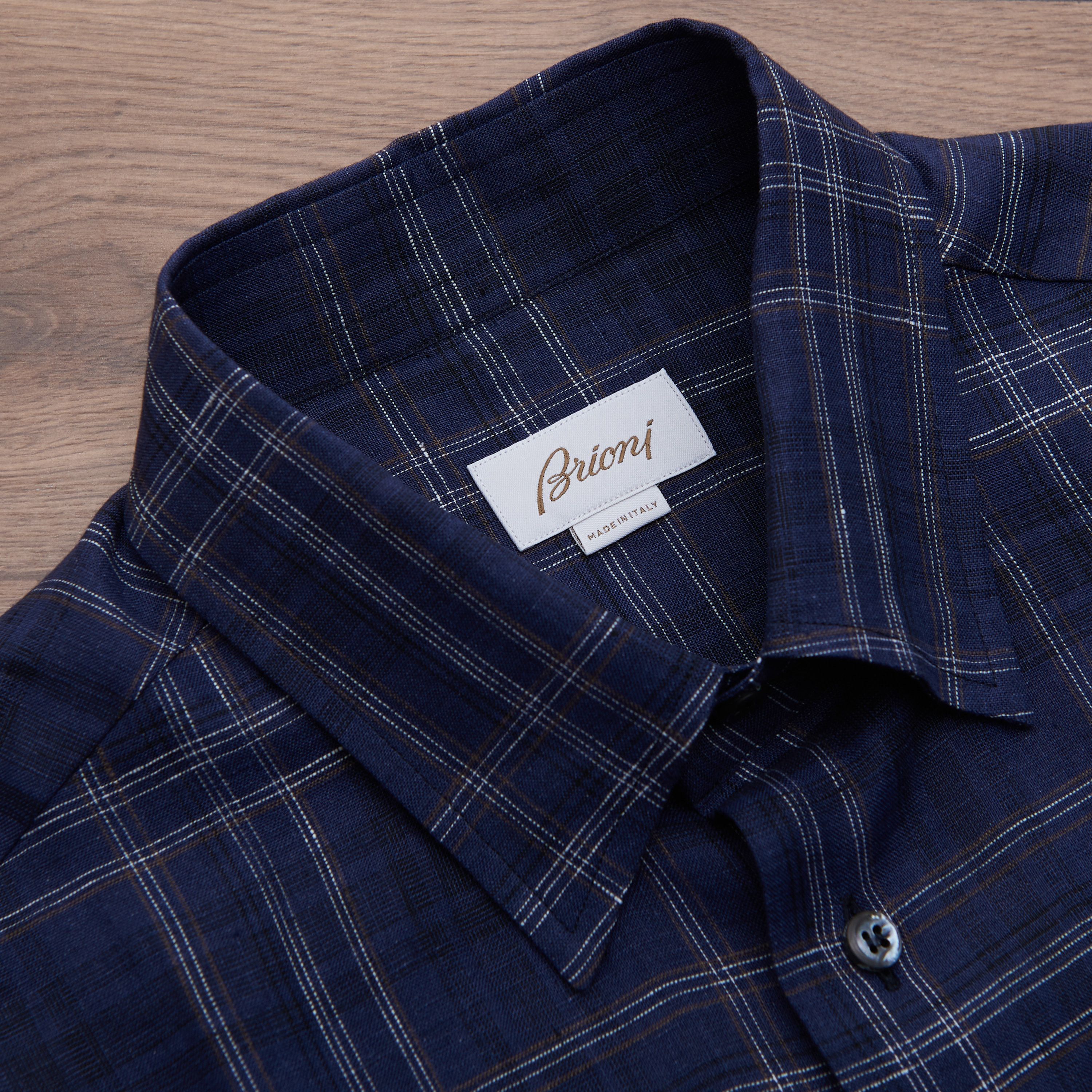 Brioni Longsleeve Fitted Shirt In Checked Blue Linen Size US M / EU 48-50 / 2 - 9 Thumbnail
