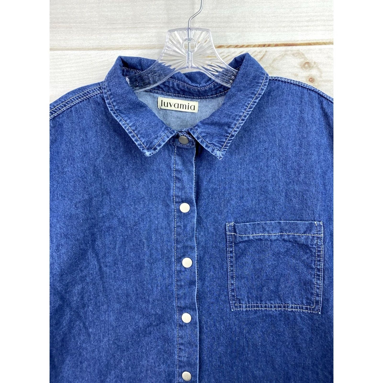 Denime Luvamia Denim Dress XL Blue Snap Up Short Cuffed Slv Pocket Tunic Fringe Western Dress Size 40" / US 18 - 2 Thumbnail