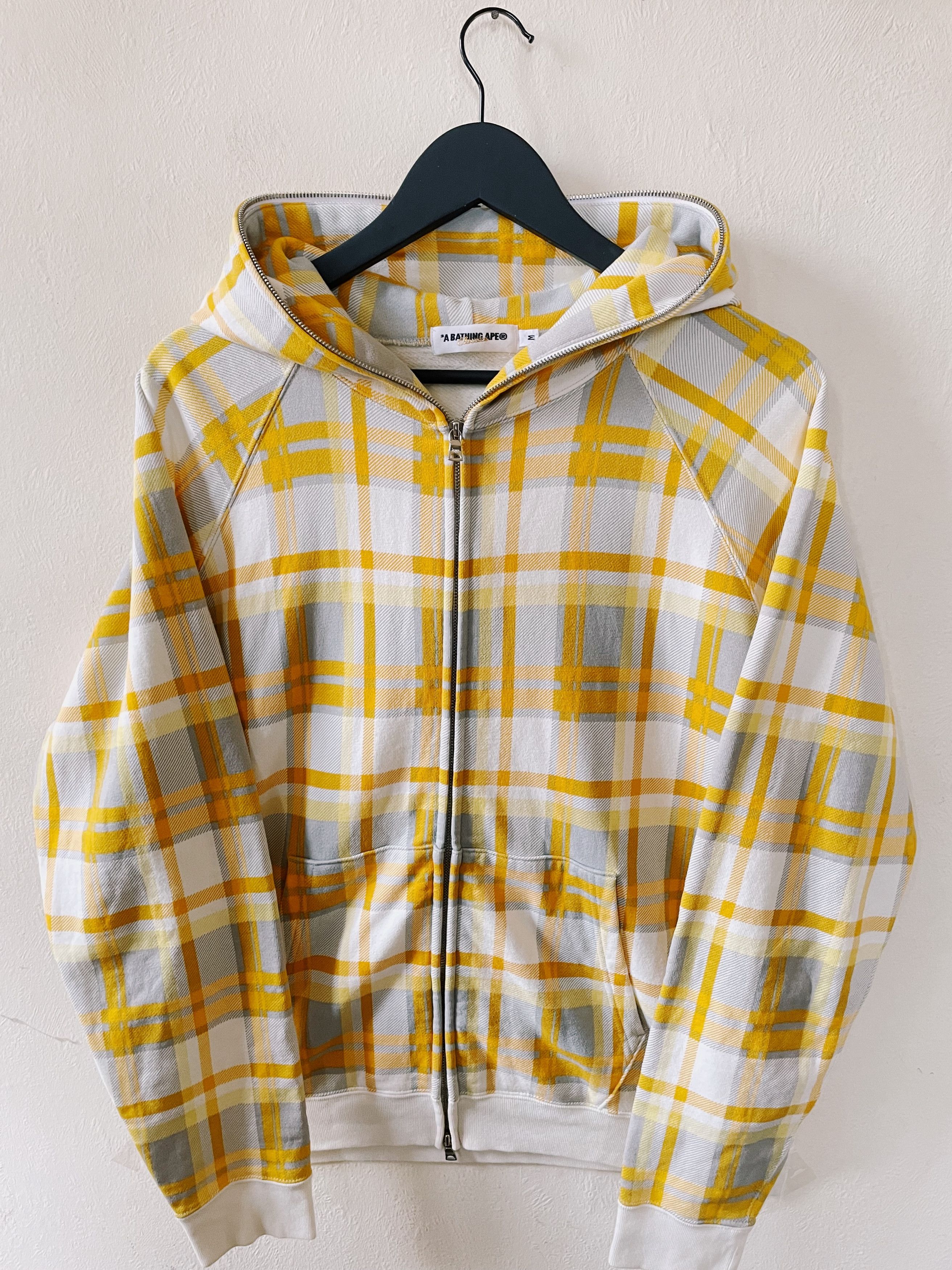 image of Vintage Y2K Bape A Bathing Ape Check Plaid Fullzip Hoodie in Orange/Gray/White, Men's (Size Medium)