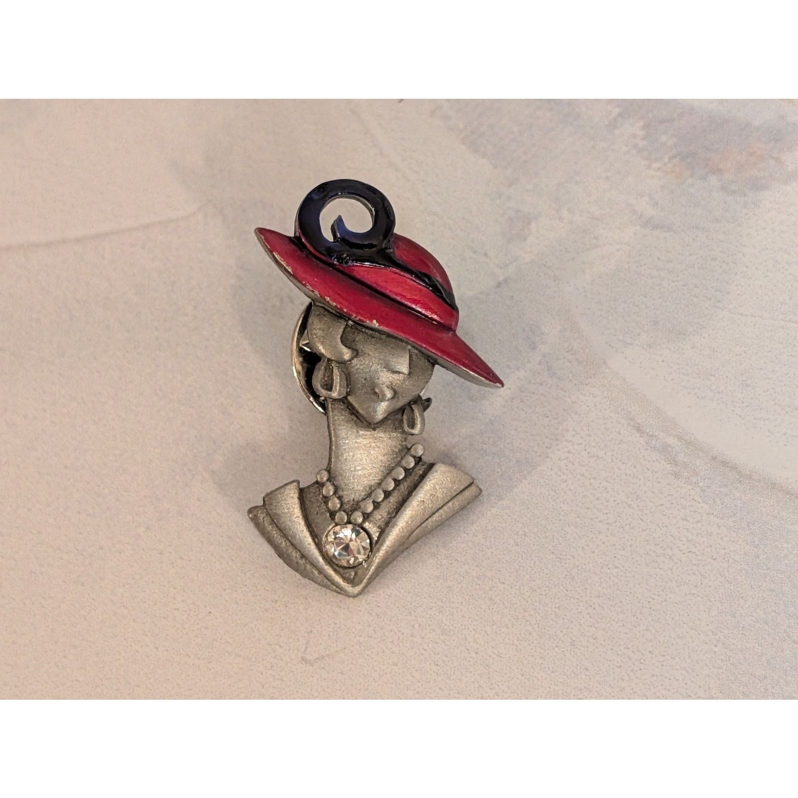 Vintage VTG 1990s Jonette Jewelry Red Hat Lady Rhinestone Lapel Pin Size ONE SIZE - 1 Thumbnail