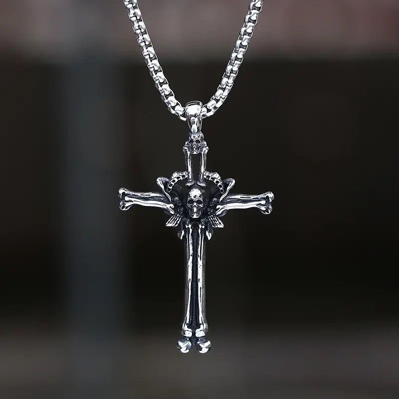 Handmade × Jewelry Gothic Cross Bone With Skull Pendant Necklace Size ONE SIZE - 1 Thumbnail