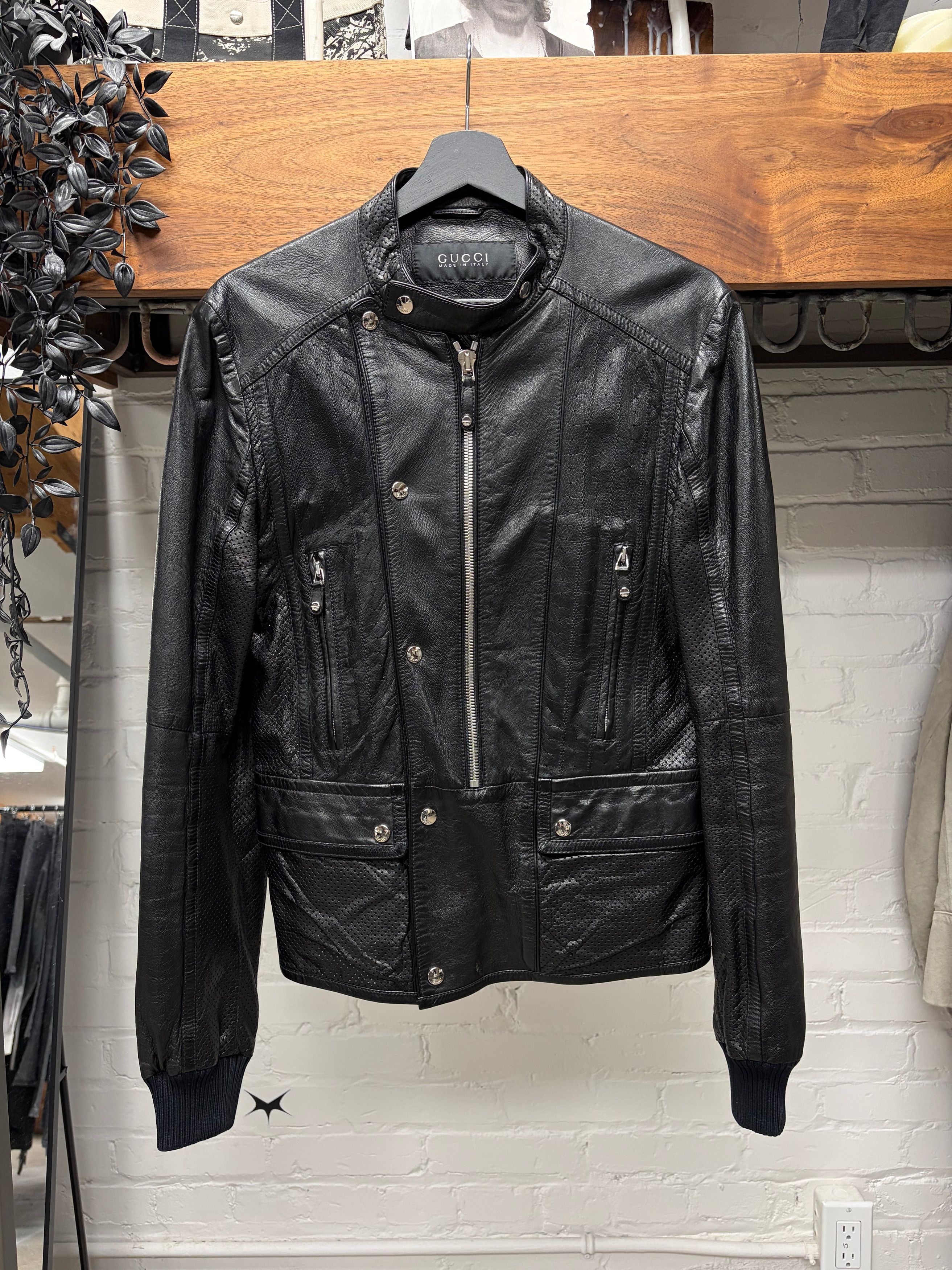 Mid 2000s Gucci By Frida Giannini Perforated Leather Biker Jacket in Black, Men's