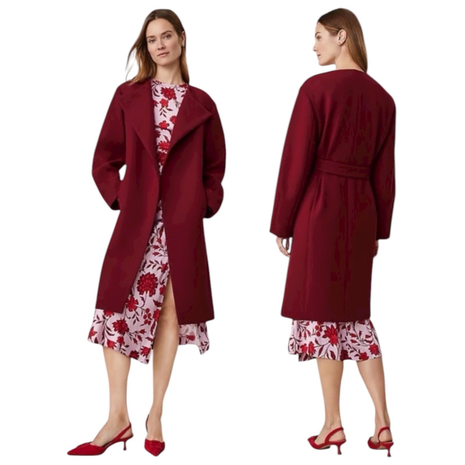 Ann Taylor Tie Waist Wool Blend Coat Mulberry Size XXL