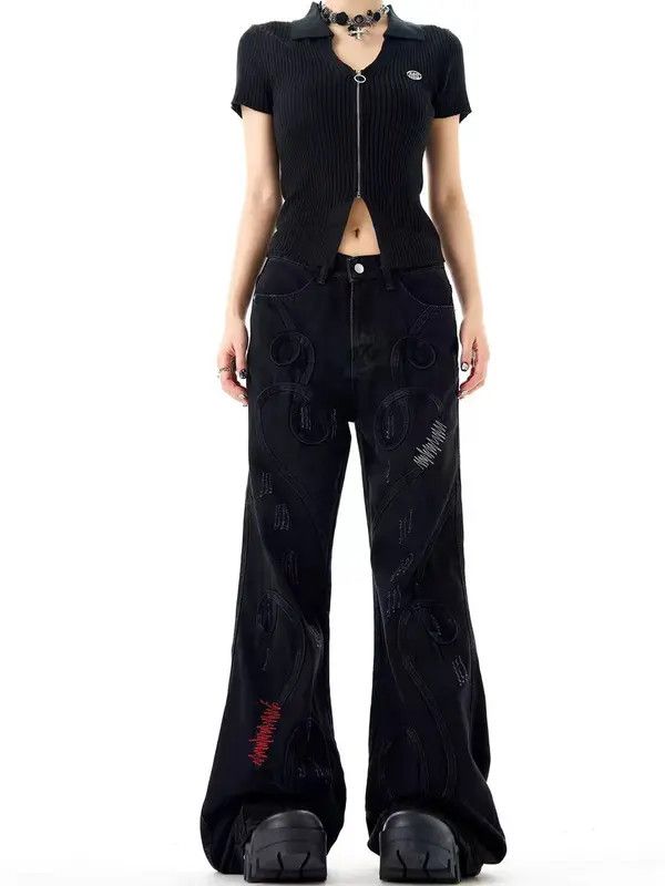 Japanese Brand VIBE Street Hip Hop Punk Embroidered Loose Jeans Size US 29 - 4 Thumbnail