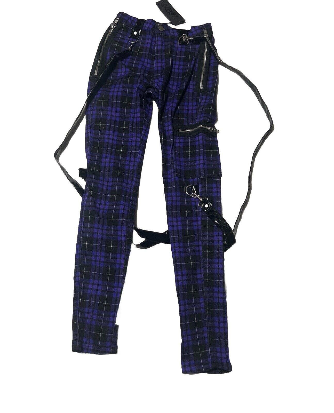 Designer Widow Plaid Bondage Pants Black Purple High Rise Suspenders Size 26" / US 2 / IT 38 - 1 Thumbnail