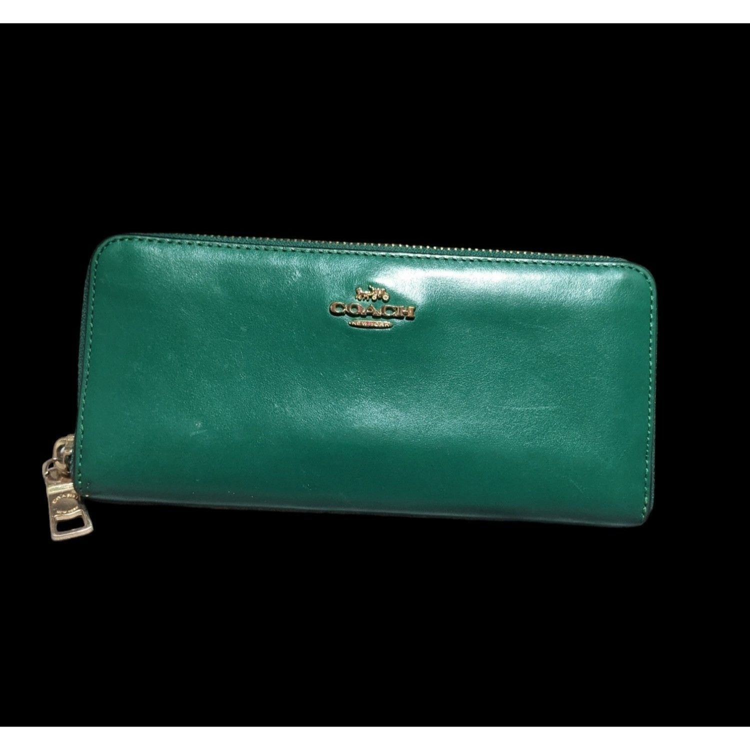 image of Coach Green Leather Accordion Zip Wallet, Women's