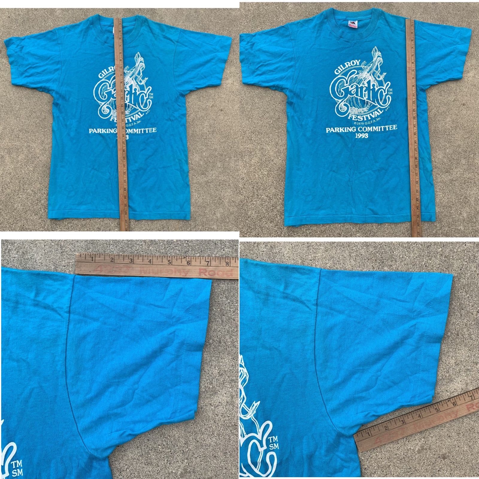 Fruit Of The Loom VINTAGE Gilroy Garlic Festival GGFA Inc Parking Committee 1993 t shirt M blue cotton Men Turquoise Graphics Tee Sportswear/Beach 1990s Shirt Size US M / EU 48-50 / 2 - 11 Thumbnail