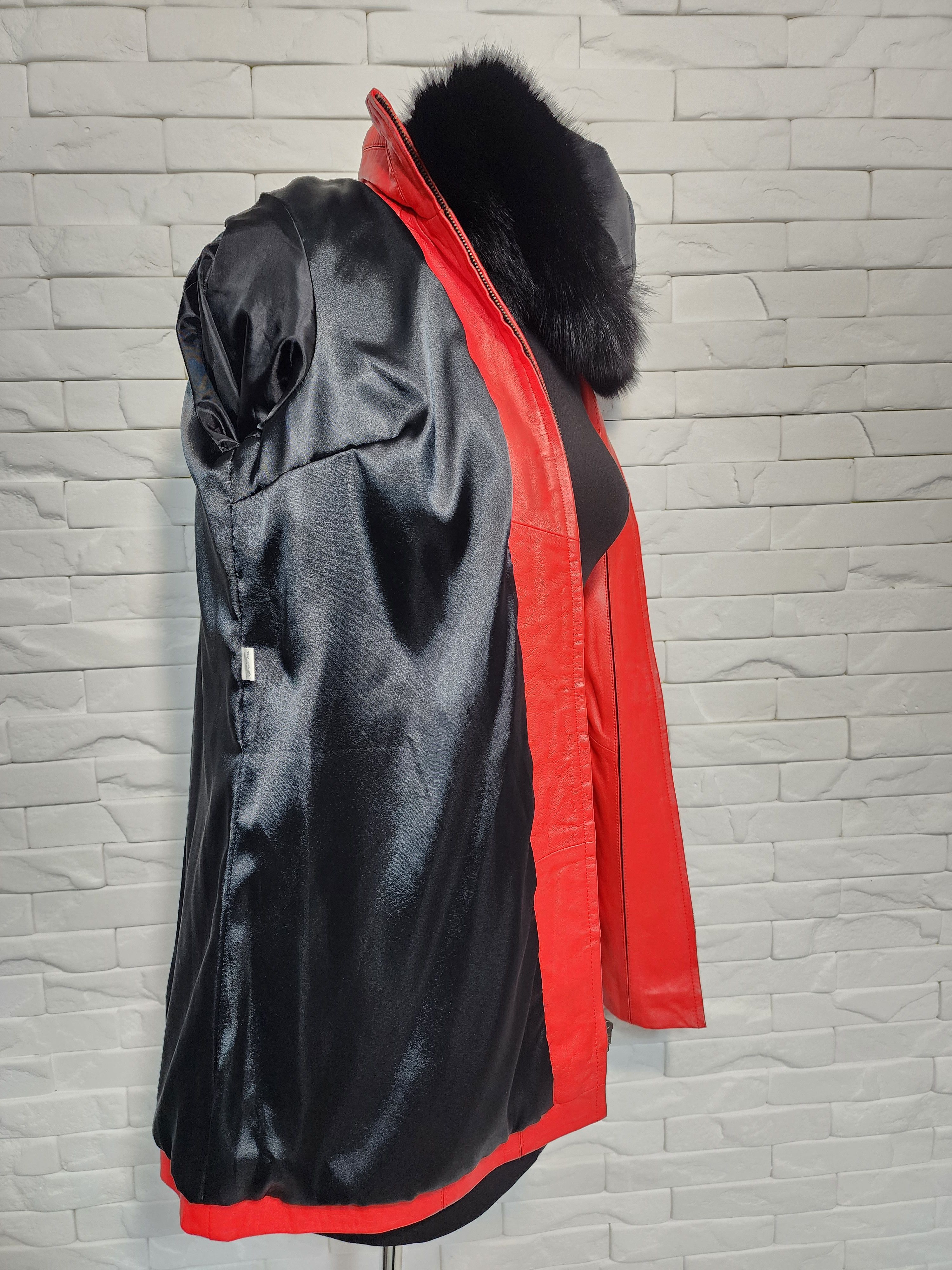 Genuine Leather Red Leather Jacket: Women's Leather Coat with Fur Hood Size M / US 6-8 / IT 42-44 - 8 Thumbnail