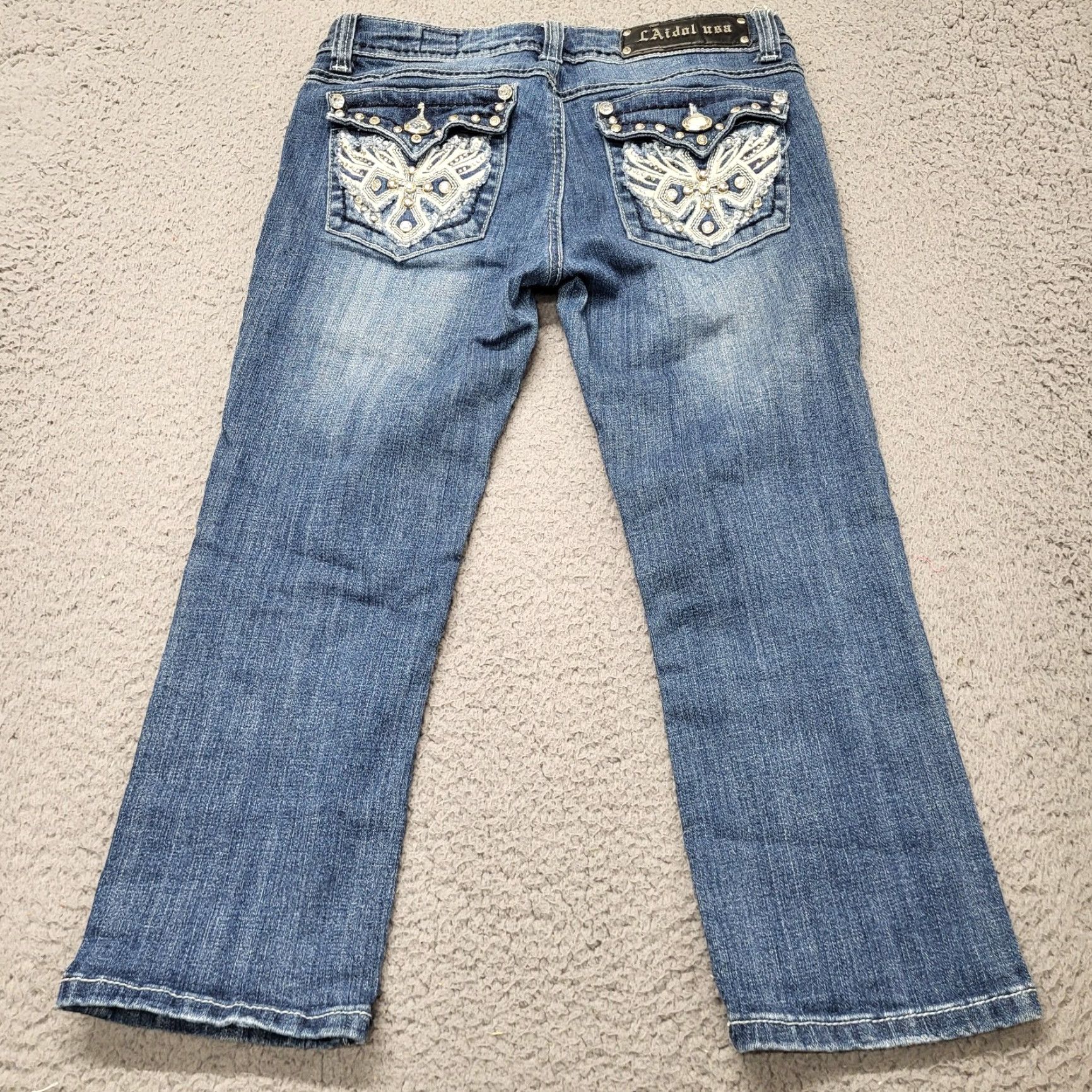 Vintage LA Idol USA Jeans Capris Womens Size 7 W28-L21 Rhinestone Pockets Embroider Blue Jean Capris Women Blue Jeans Size 28" / US 6 / IT 42 - 4 Thumbnail