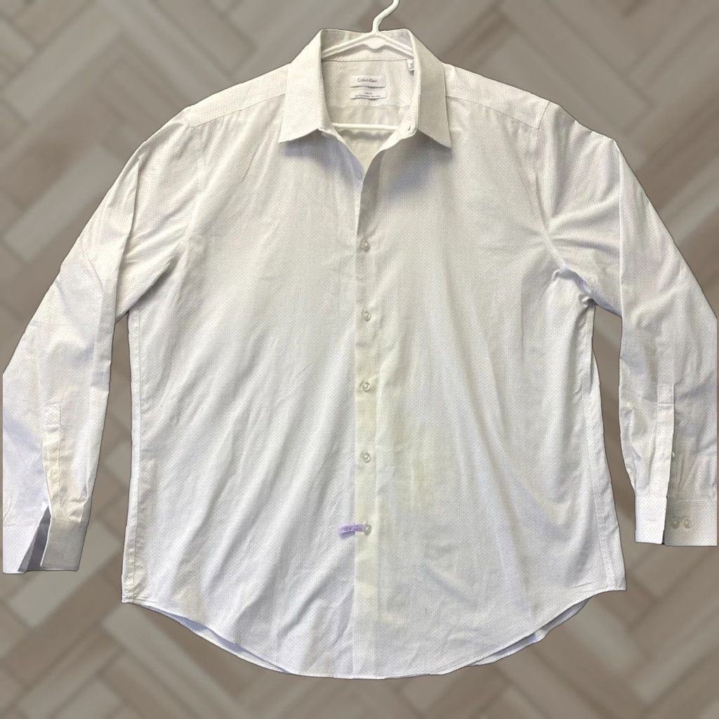 Calvin Klein Calvin Klein Shirt Slim Men's 17 34/35 White blue Long Sleeve Button-Up Collared Spread Button Men 105-6 Size US XL / EU 56 / 4 - 1 Thumbnail