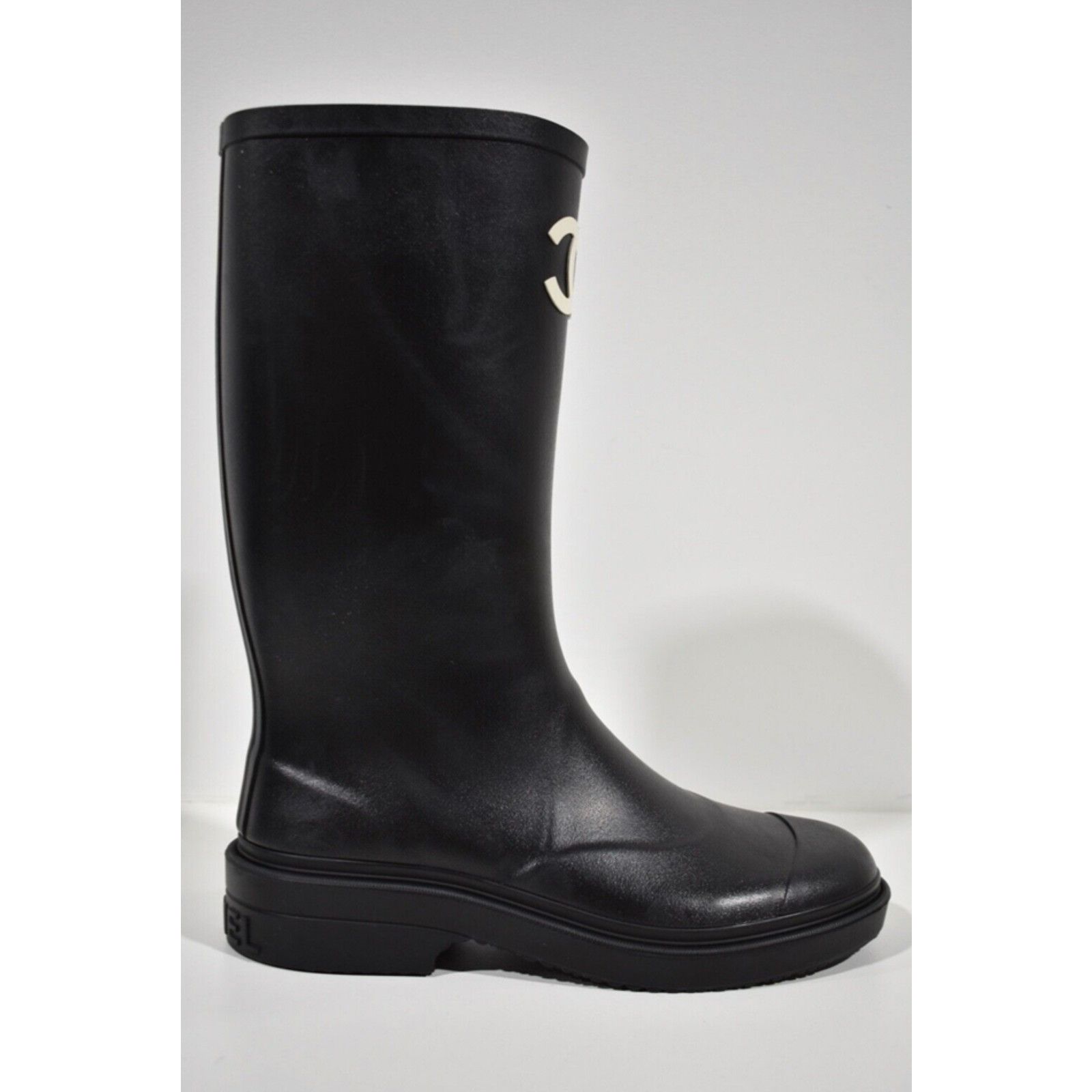 Chanel REV Black White CC Logo High Rubber Rain Boots 35