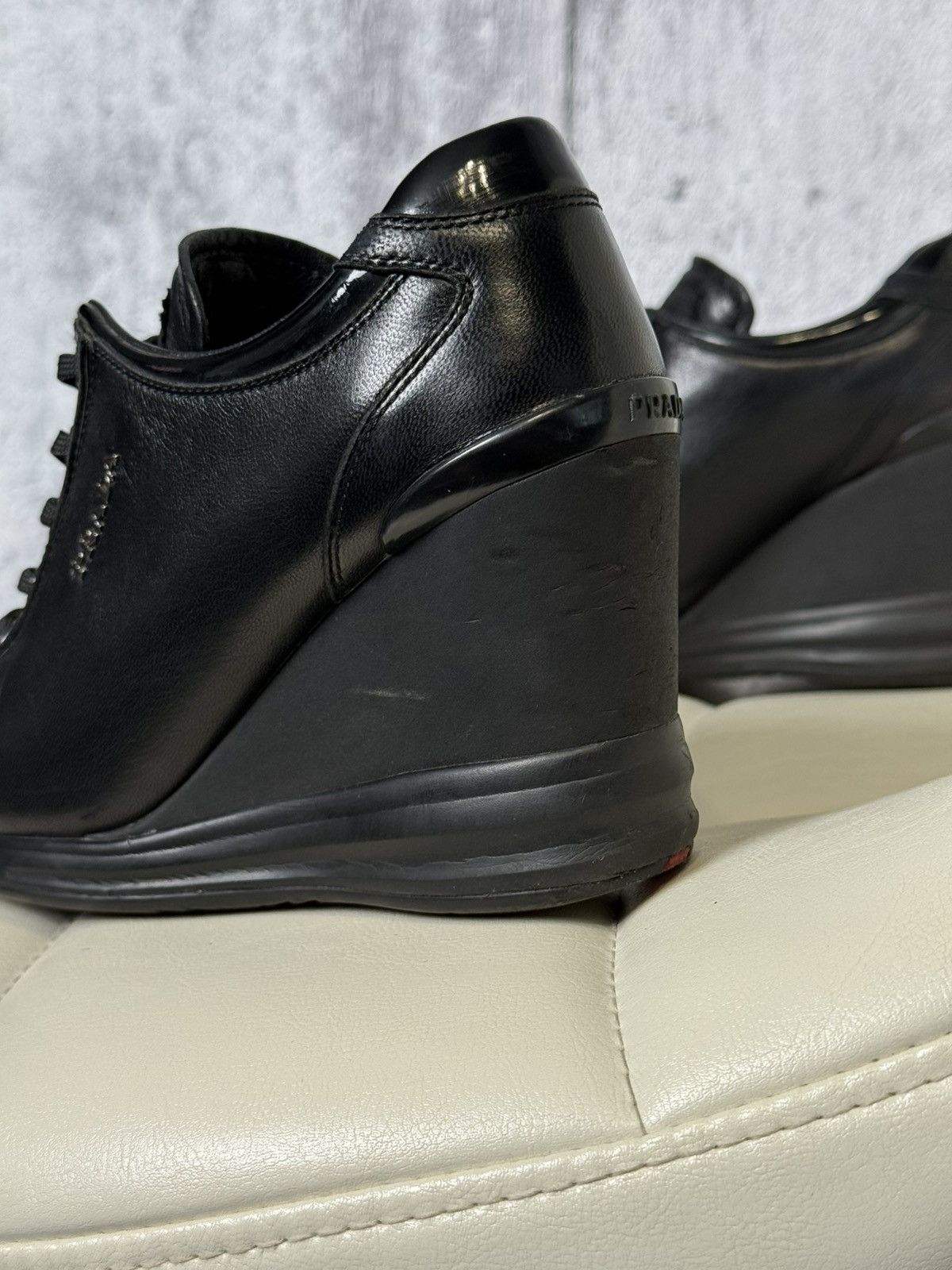 Prada PRADA Wedge Sneakers Black Leather Womens Platform Shoes Size US 6.5 / IT 36.5 - 5 Thumbnail
