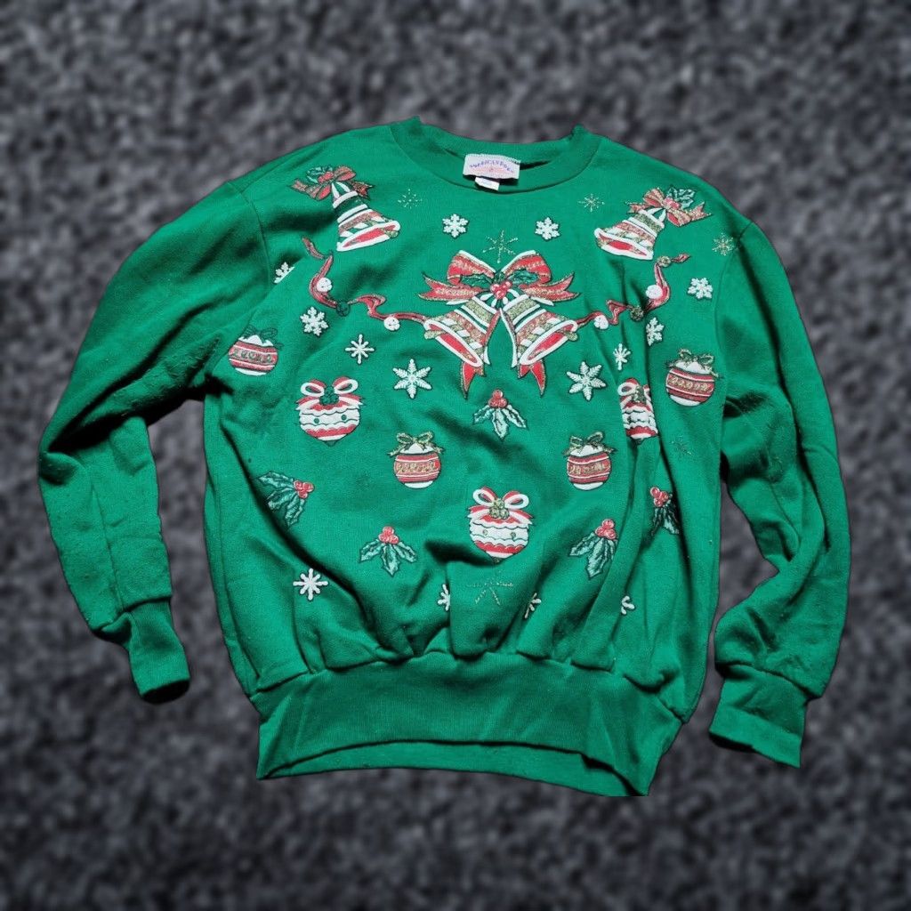 Vintage VINTAGE American Born Sweatshirt Shirt Womens L Green 90s Christmas Glitter Distressed Pullover Crew Neck 3/4 Sleeve Size L / US 10 / IT 46 - 1 Thumbnail
