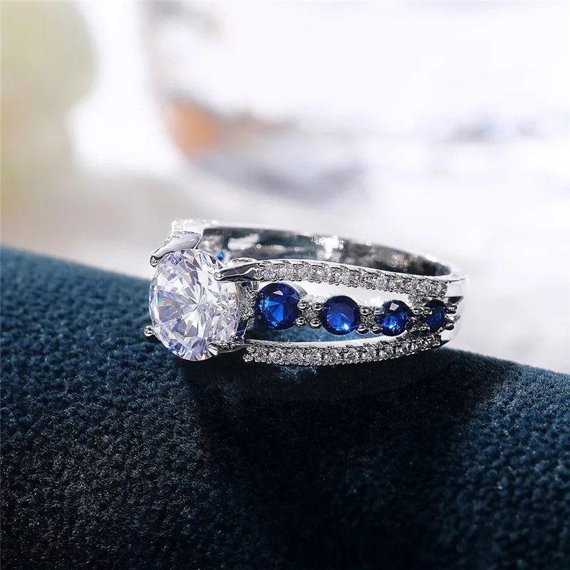 Designer × Jewelry Rings Women Blue/White Round CZ Novel Designed Size ONE SIZE - 4 Thumbnail