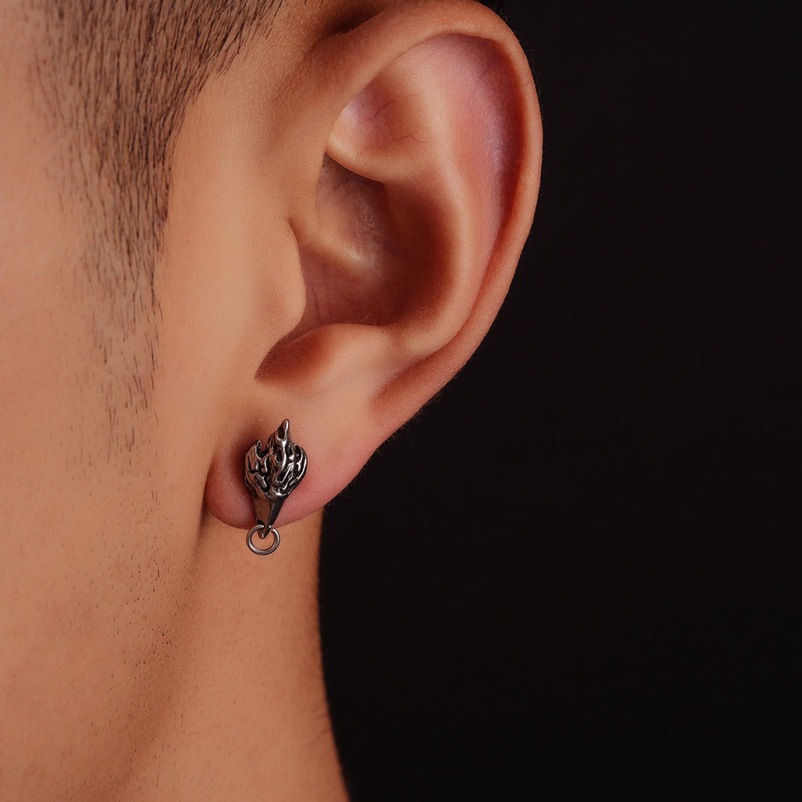 Jewelry Silver Flame Stud Earrings, Men's Gothic Accessories Size ONE SIZE - 2 Thumbnail