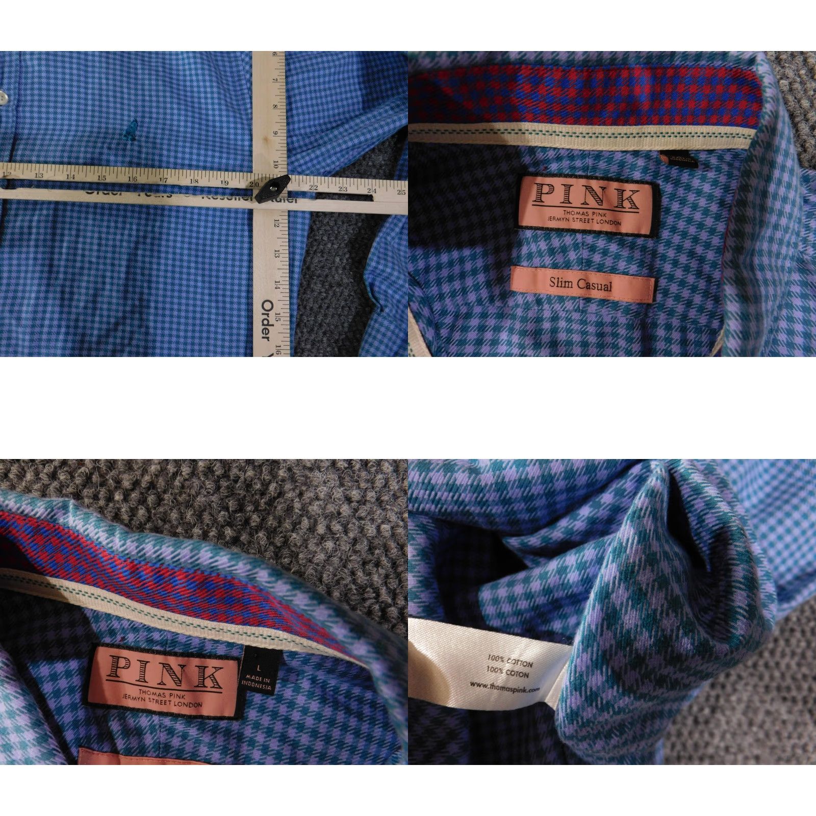 Pinko Thomas Pink Shirt Large Blue Houndstooth Slim Casual Long Sleeve Button Up Mens Size US L / EU 52-54 / 3 - 8 Thumbnail