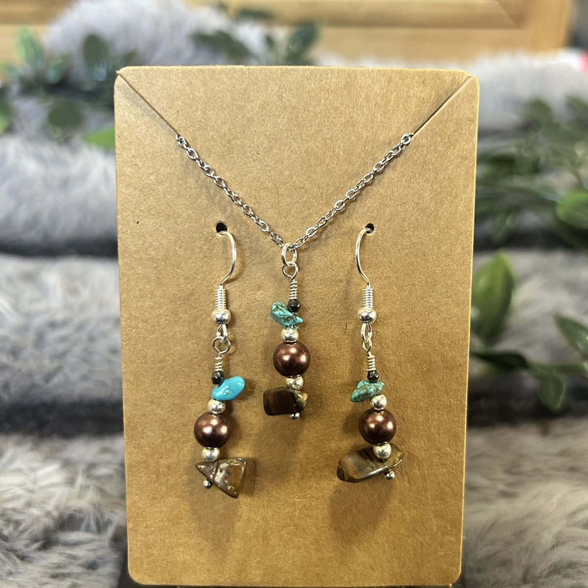 Handmade Handcrafted tigers eye turquoise Czech glass pearl set Size ONE SIZE - 2 Thumbnail