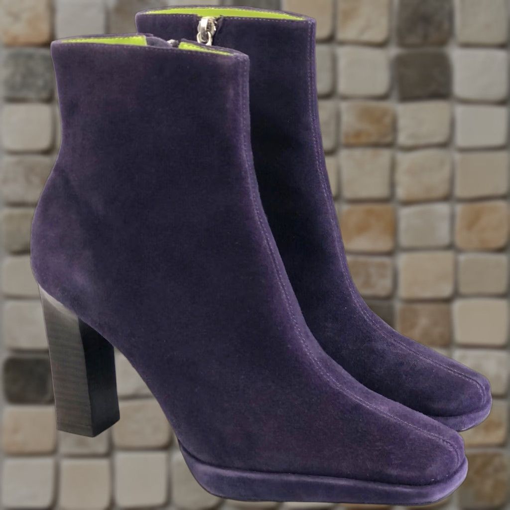 Tommy Hilfiger VINTAGE Tommy Hilfiger Suede Ankle Boots 7M Purple 3 1/2 Heel Square Toe Bootie 90s Y2K Womens Shoes Size US 7 / IT 37 - 1 Thumbnail