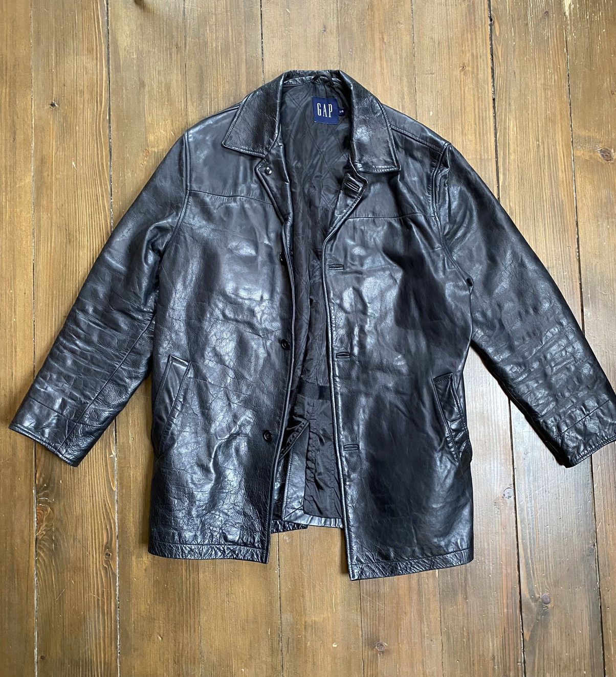 image of Gap Black Leather Coat Jacket Vintage 00S 90's Kanye Style, Men's (Size Large)