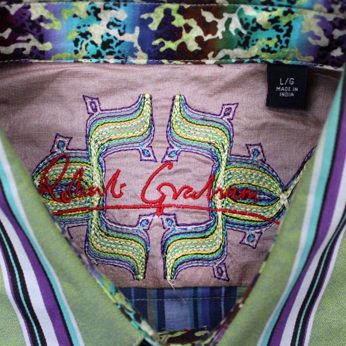Robert Graham Robert Graham Button-Up Shirt Adult Large Green/Purple Cotton L/S Striped Size US L / EU 52-54 / 3 - 7 Thumbnail