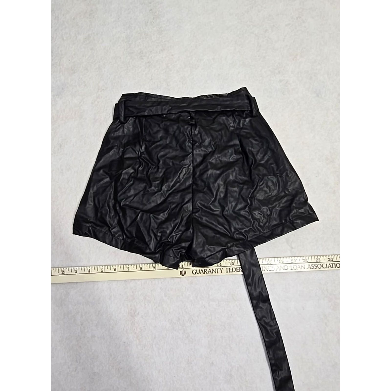 Shein SheIn Faux Leather Belted Shorts Black High Rise Size Small Slashed Pocket Paperbag Casual Women, 90s Theme Size 28" / US 6 / IT 42 - 6 Thumbnail