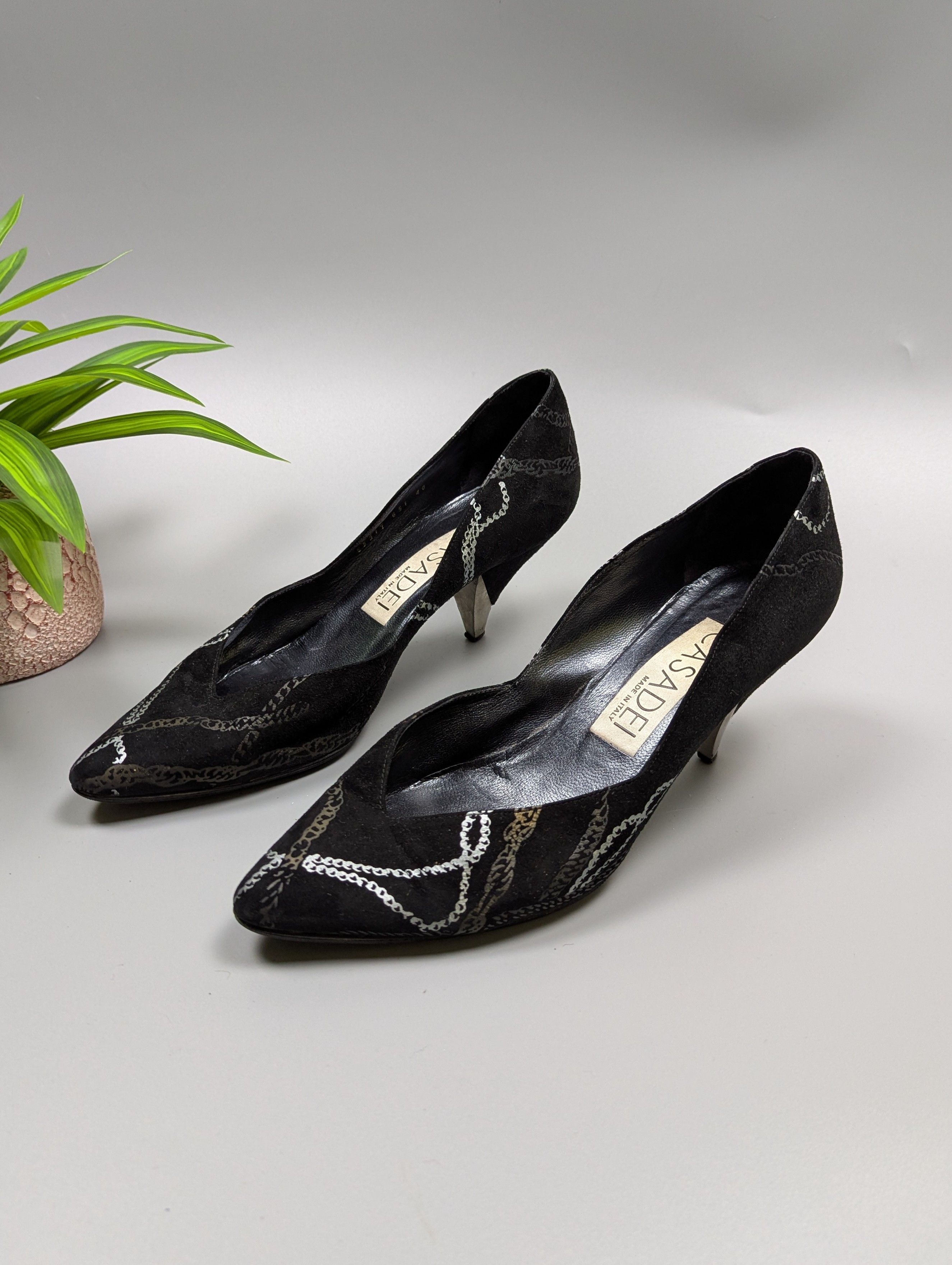 Casadei Casadei Vintage Black Suede Pumps Chain Pattern Metal Heel Size US 9 / IT 39 - 1 Thumbnail