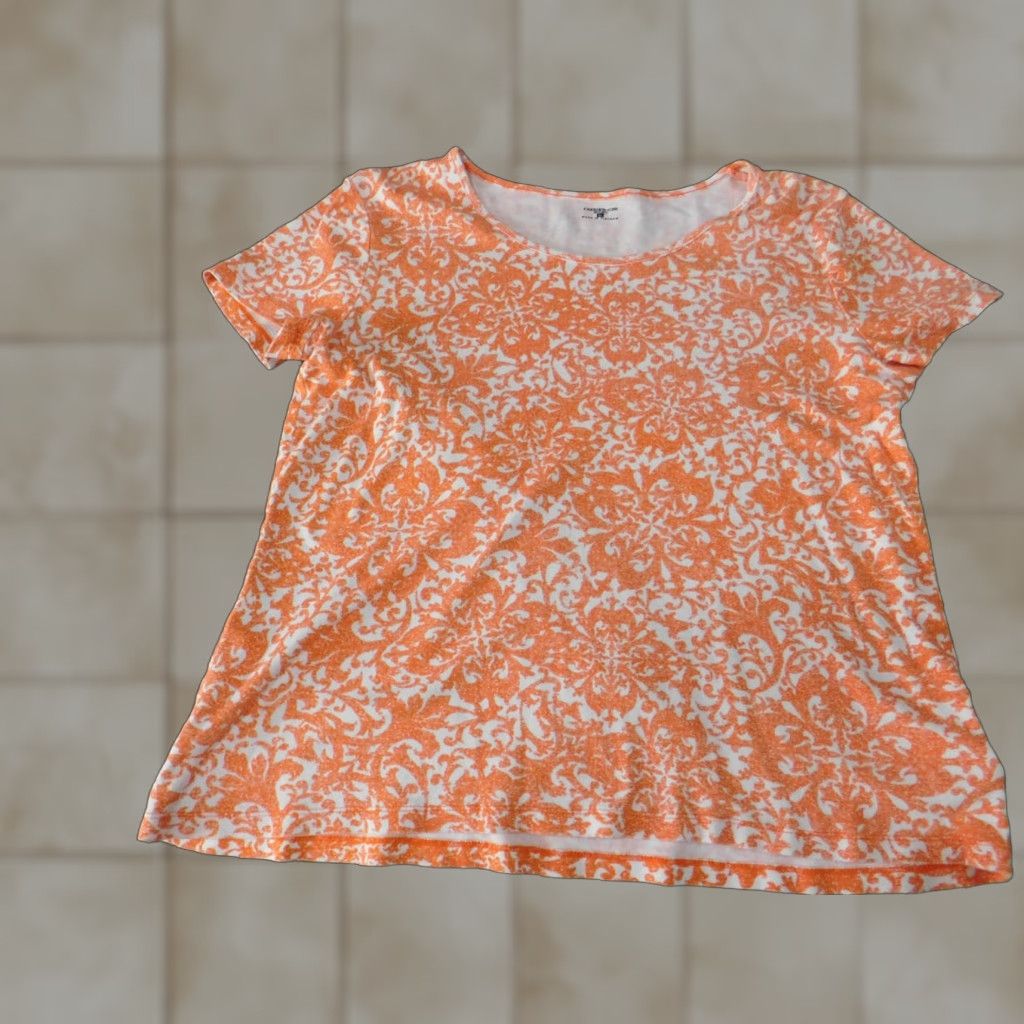 Jones New York Jones New York top Blouse XL Orange geometric Crew Neck Short Sleeve Cotton Rayon Womens Casual Size XL / US 12-14 / IT 48-50 - 1 Thumbnail