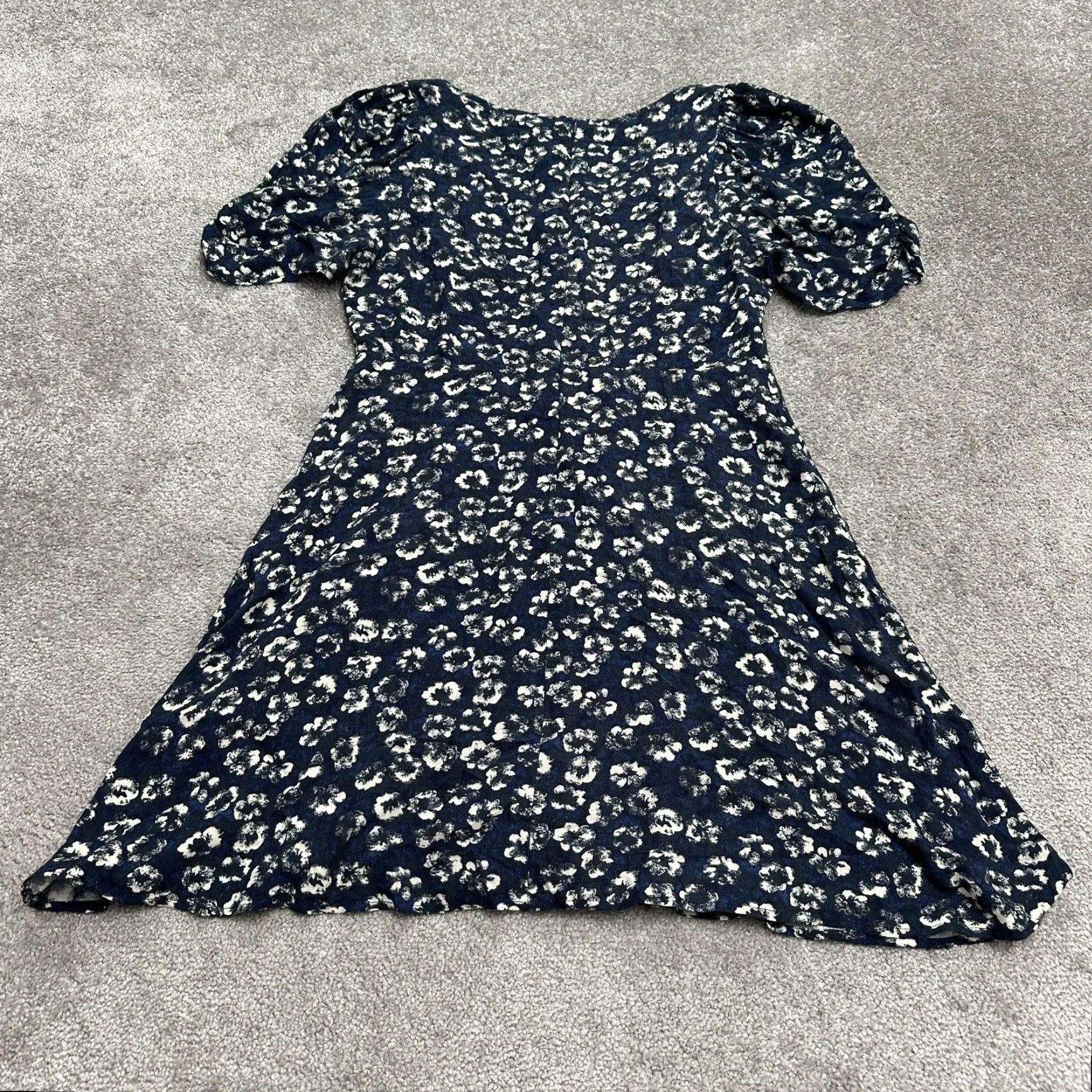 AQUA Aqua Bloomingdale's A-Line Floral Dress Womens Large Navy Blue Puff Sleeve Size L / US 10 / IT 46 - 2 Thumbnail