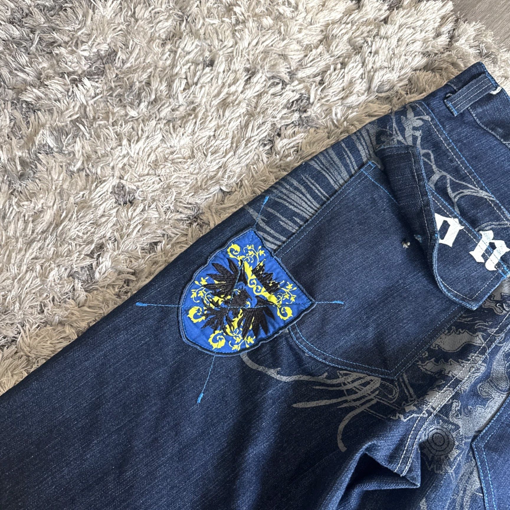 Denime VINTAGE Raw Blue Embroidered Baggy Denim Blue Jorts Jean Shorts Men’s 32 90s Cargo Denim Blue Embroidered Mens Size US 32 / EU 48 - 3 Thumbnail