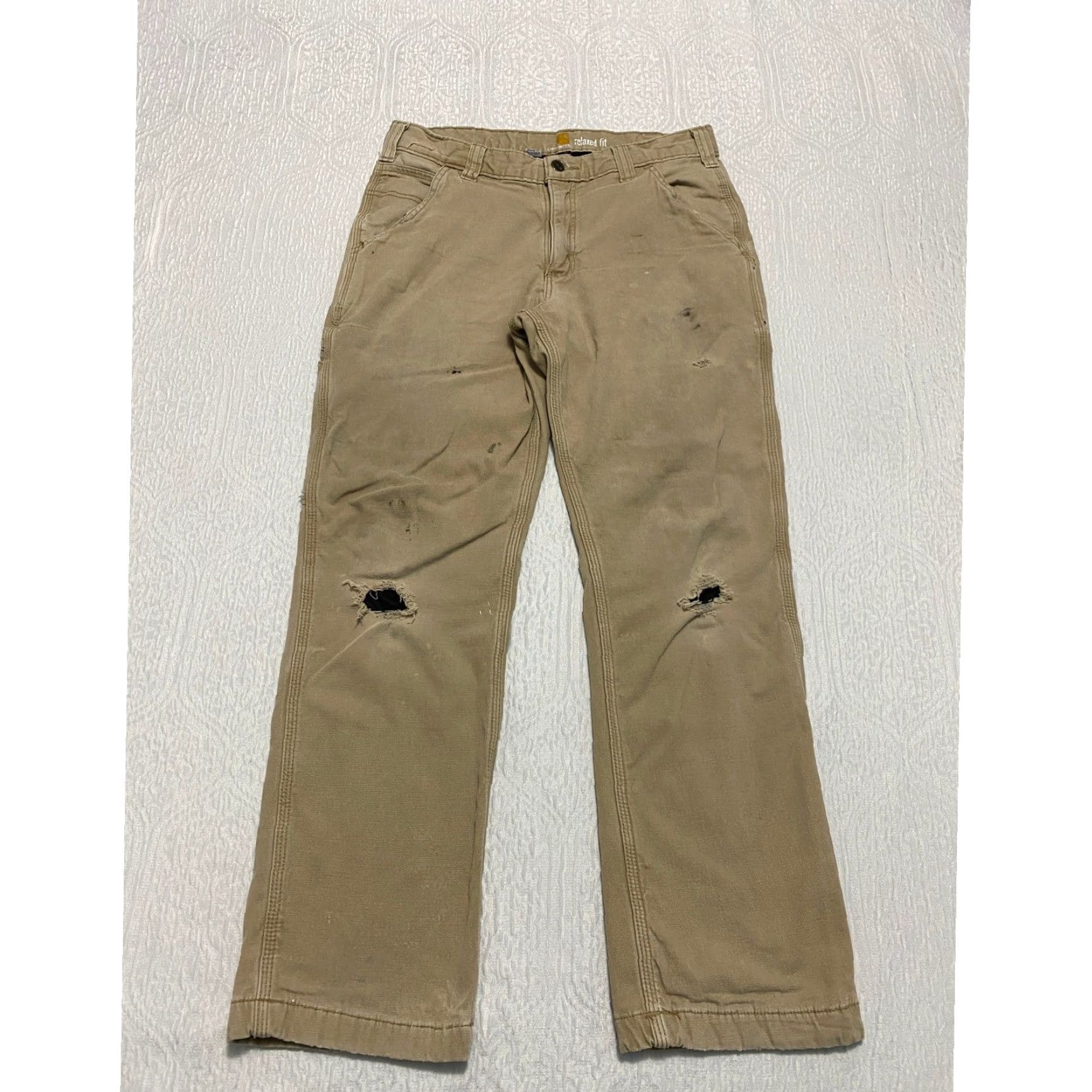Carhartt Carhartt Relaxed Fit Lined Carpenter Pants Mens 32x28 Khaki Distressed Rip, Utility Pockets, 5-Pocket Design, Canvas Workwear Pants Size US 32 / EU 48 - 2 Thumbnail