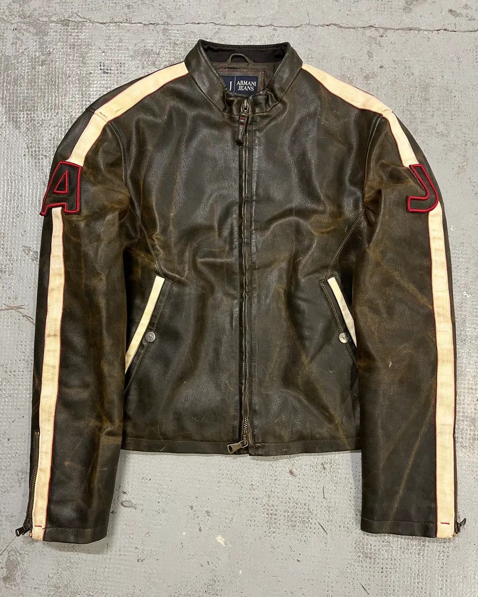 Armani 2000s Armani Brown Leather Stripe Biker Leather Jacket Size US M / EU 48-50 / 2 - 1 Thumbnail