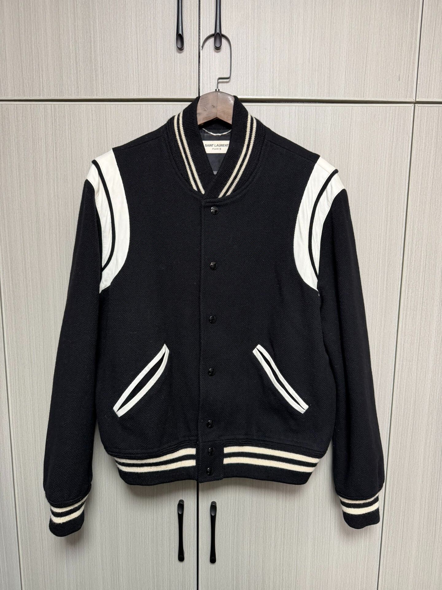 Yves Saint Laurent YSL Black Leather Patchwork Baseball Jacket Size US M / EU 48-50 / 2 - 1 Thumbnail