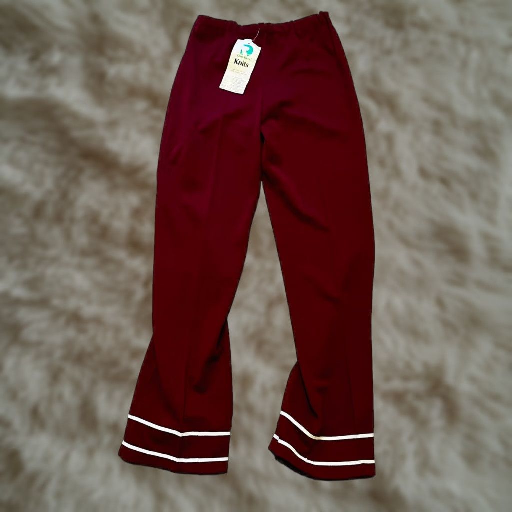 VINTAGE Dan River Knits Pants Rockabilly Women’s Burgandy White stripe Polyester 9 31” Inseam 14” Rise 41” Waist Elastic Casual 1960s 1970s Womens