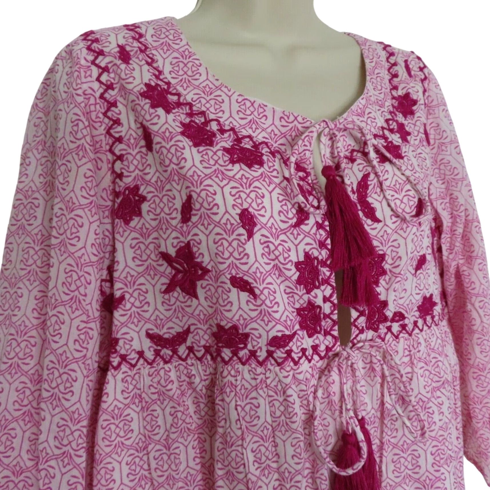 Pinko Hazel Women Large Pink Embroidered Keyhole Blouse Tassels Shirt Top Tunic Blouse Size L / US 10 / IT 46 - 2 Thumbnail