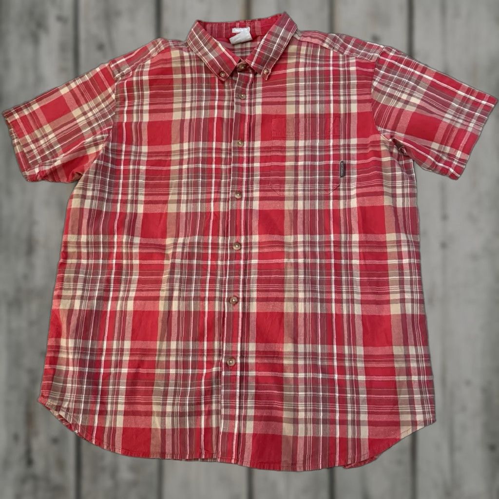 Vintage Columbia Shirt Mens XL Red/Pink Madras Plaid Short Sleeve Button Up Camp Shirt Size US XL / EU 56 / 4 - 1 Thumbnail