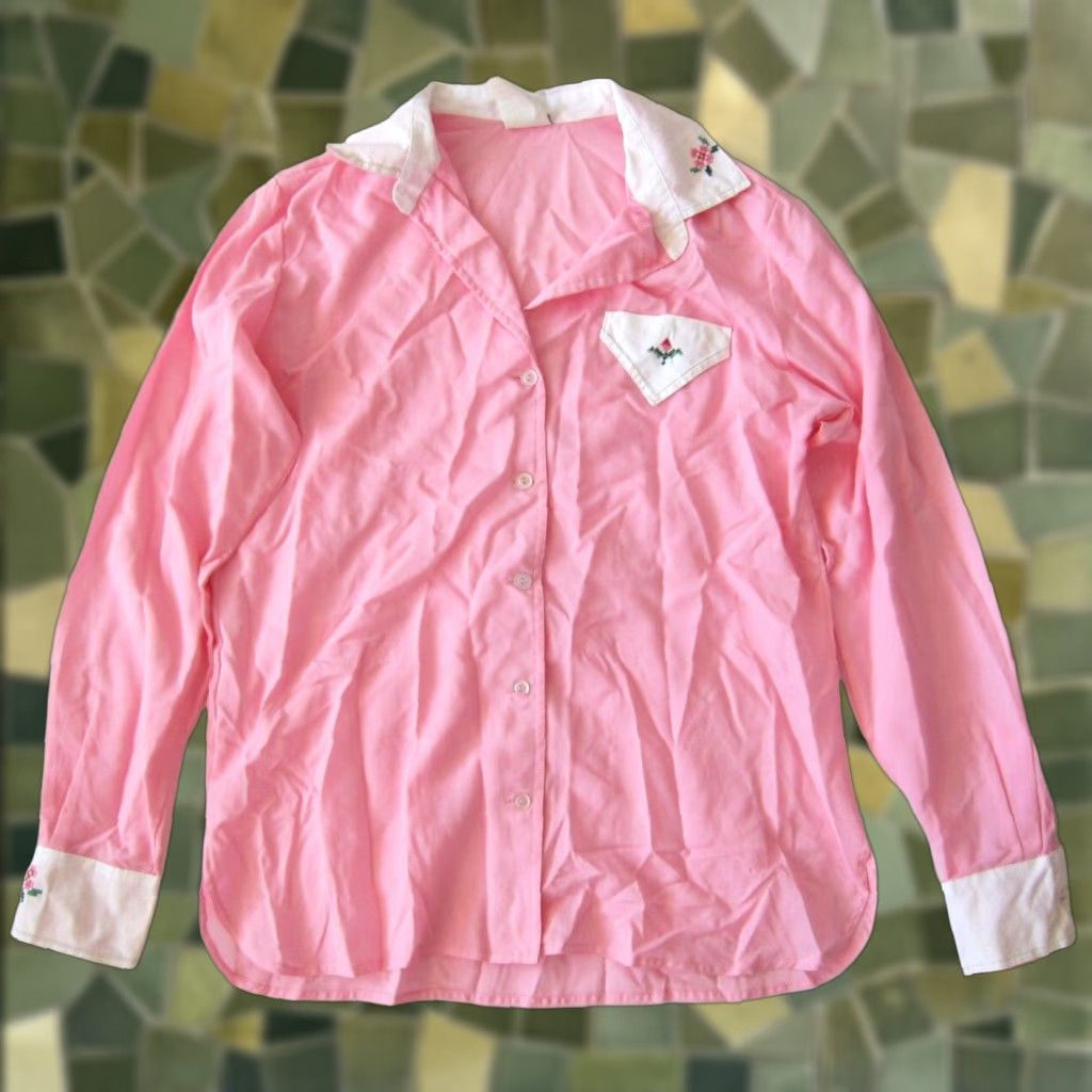 Pinko VINTAGE King James Blouse Shirt Pink White Floral Collared Long Sleeve L Womens Size L / US 10 / IT 46 - 1 Thumbnail
