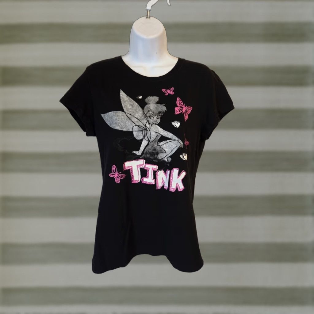 Disney VINTAGE? Nope. Final: Disney Tinkerbell Butterfly Print Short Sleeve T-Shirt Womens Juniors 2XL Black Cap Sleeve Round Neck 100% Cotton T-Shirt Mens? Size XXL / US 16-18 / IT 52-54 - 1 Thumbnail