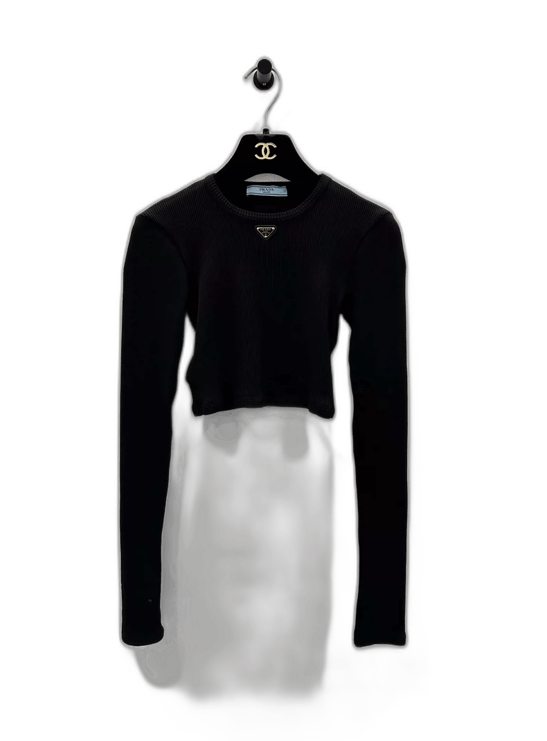 Prada Prada Black Cropped Knit Top with Logo Size M / US 6-8 / IT 42-44 - 1 Thumbnail