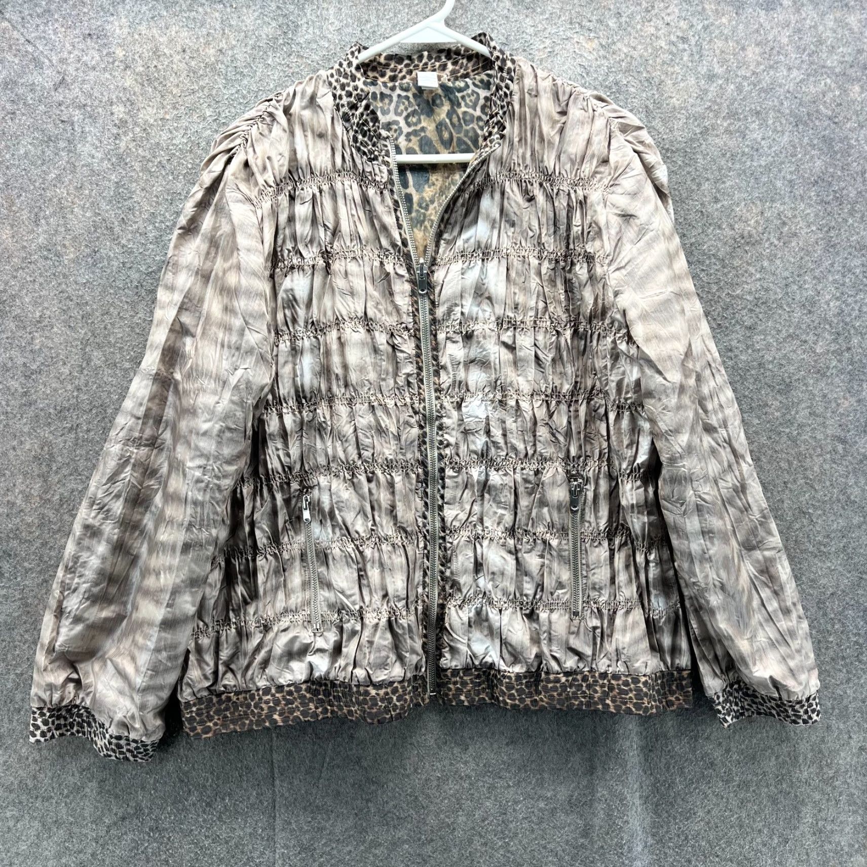 Vintage Chicos Jacket Womens Large Brown Ruched Zip Front Leopard Print Trim Bomber Size L / US 10 / IT 46 - 2 Thumbnail