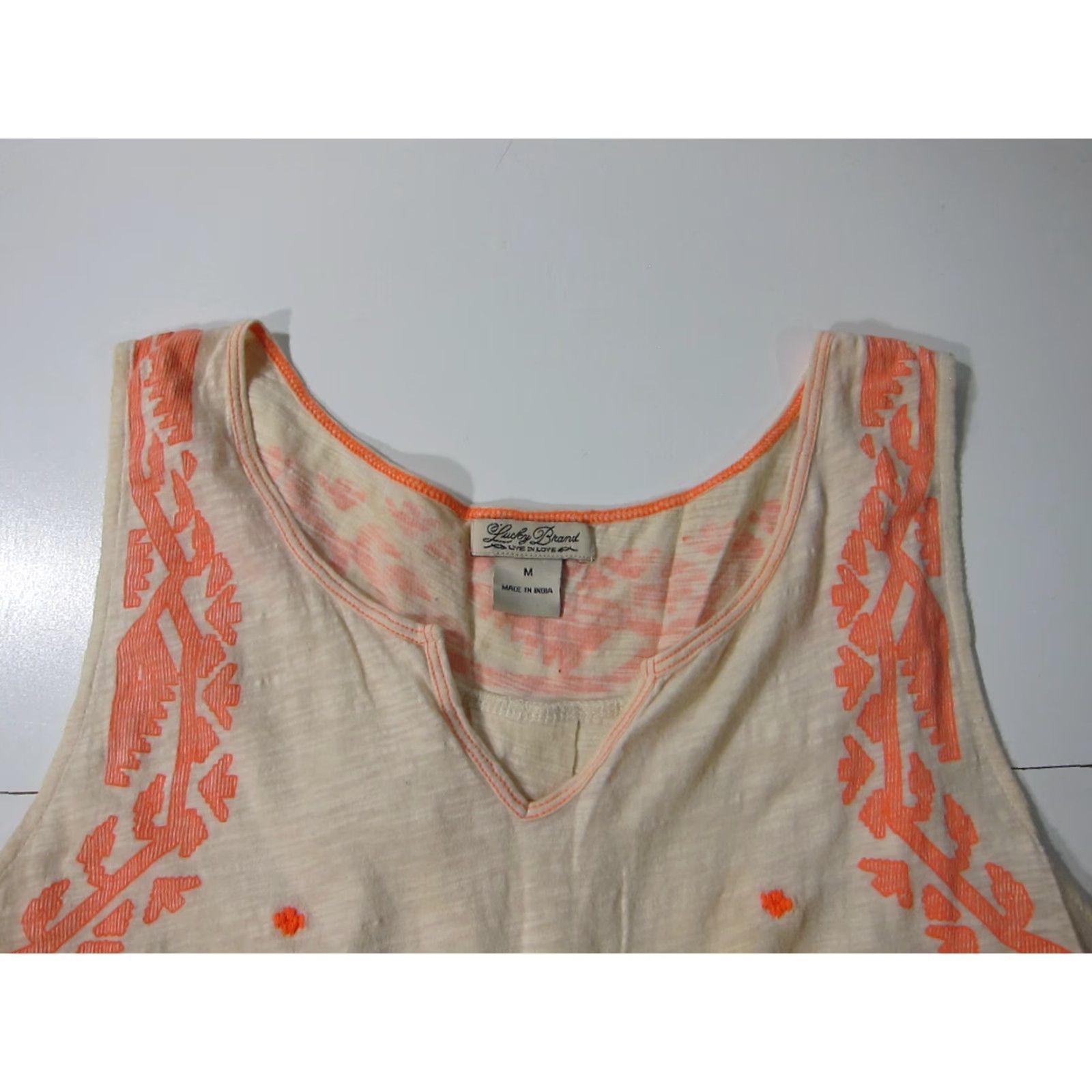Lucky Brand Lucky Brand 100% Cotton Embroidered Orange Sleeveless Tank Blouse Medium Women Shirt V-Neck Size M / US 6-8 / IT 42-44 - 4 Thumbnail